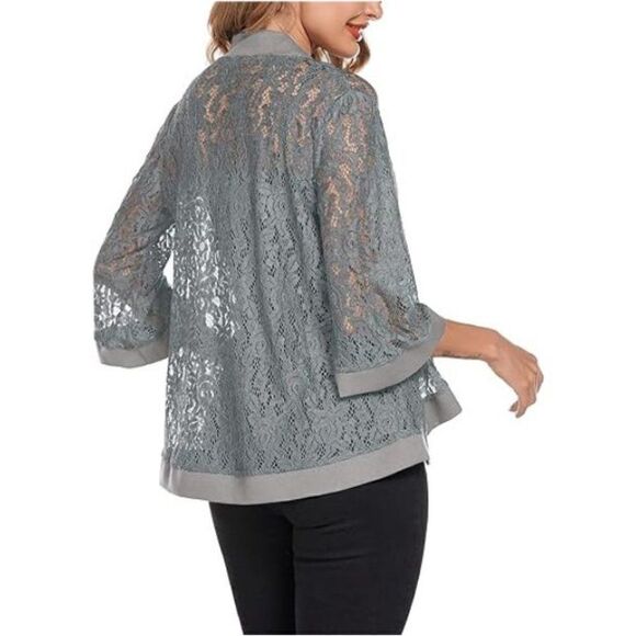 Women's Lace Cardigan Lightweight 3 /4 Sleeve Dressy Grey, Medium - Picture 4 of 5